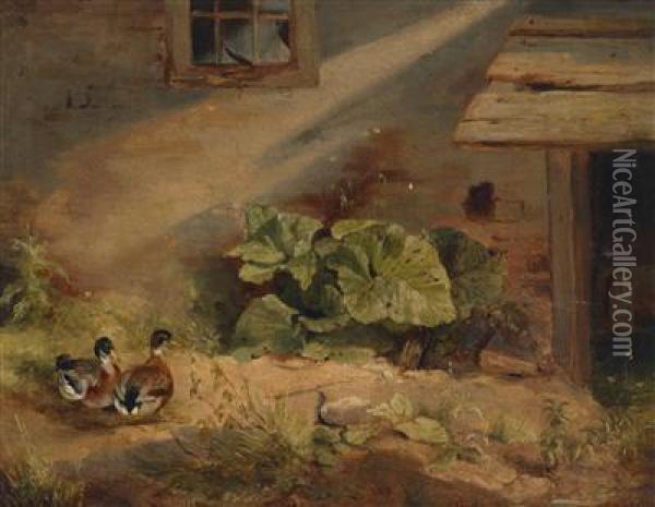 Ducks In The Courtyard Oil Painting - Benno Adam