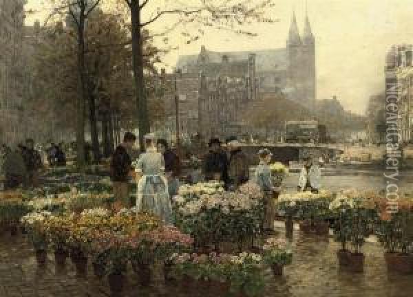 Selling Flowers On The Flower Market, Amsterdam Oil Painting - Hans Herrmann
