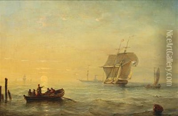 Seascape With Sailing Ships, Paddle Steamer And Rowing Boat At Sunset Oil Painting - Christian Cornelis Kannemans