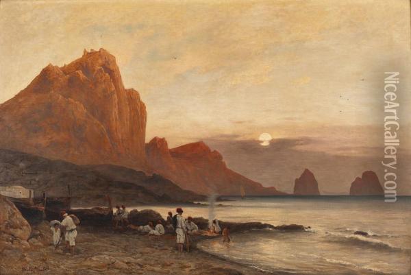 Insel Capri Mit Italienischen Fischern Oil Painting - Albert Hertel