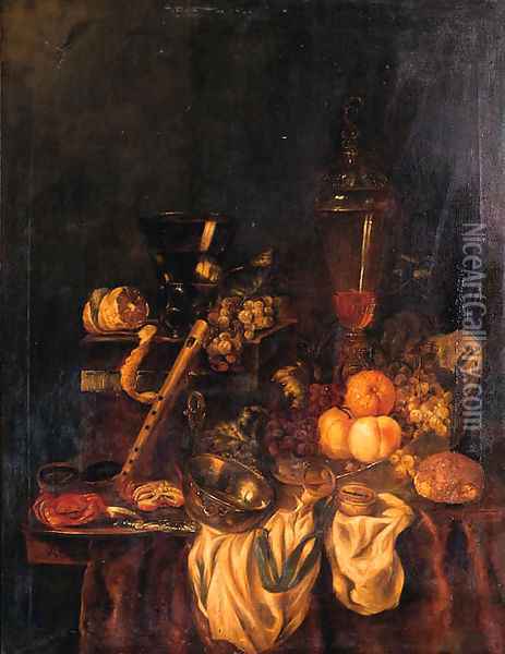 A Berkemeyer, Grapes And A Peeled Lemon On A Jewelry Box, Peaches, An Orange And Grapes In A Wan-Li Dish, Crabs And A Knife On A Pewter Plate Oil Painting - Abraham Hendrickz Van Beyeren