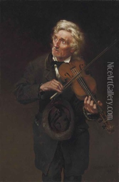 An Old Musician (a Merry Air And A Sad Heart) Oil Painting - John George Brown