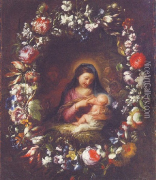 The Holy Family Surrounded By A Garland Of Flowers Oil Painting - Mario Nuzzi