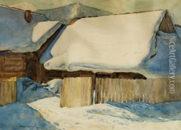Chalupa W Sniegu, Przed 1914 Oil Painting - Aleksander Augustynowicz