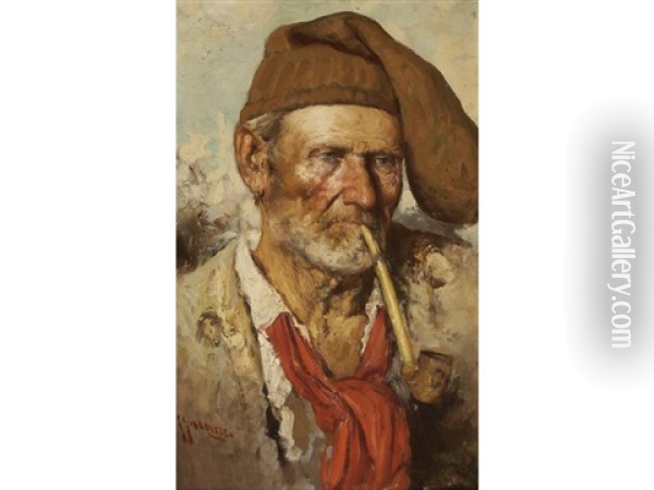 Portrait Of An Older Man Smoking A Pipe Oil Painting - Giuseppe Giardiello