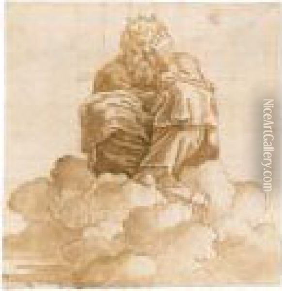 A Male Figure Seated On Clouds: Part Of A Design For A Ceiling Decoration Oil Painting - Giulio Romano