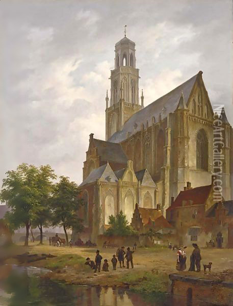 Figures Near A Church In A Dutch Town Oil Painting - Bartholomeus Johannes Van Hove