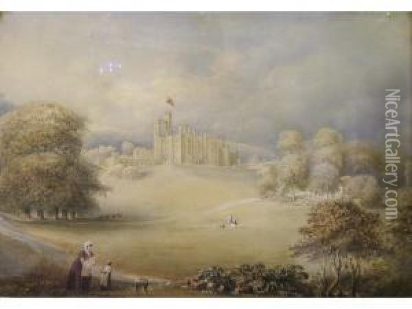 Highclere Castle From The Grounds With Figures Inforeground Oil Painting - George Frederick Prosser