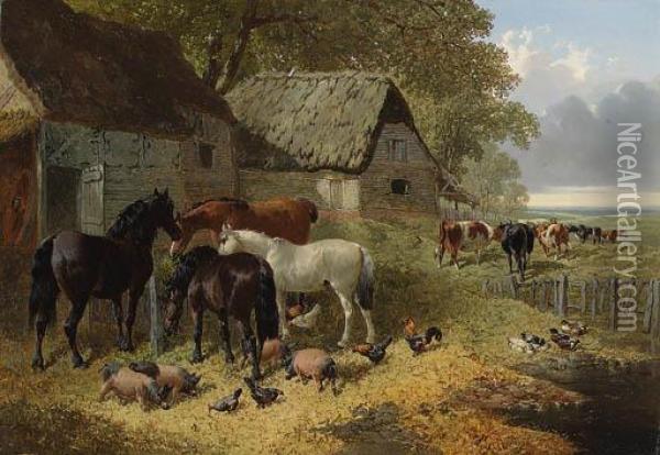 Horses, Cattle, Pigs, Chickens And Ducks In A Farmyard Oil Painting - John Frederick Herring Snr