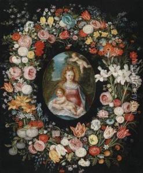 The Virgin And Child Surrounded By A Floral Garland Oil Painting - Jan Brueghel the Younger