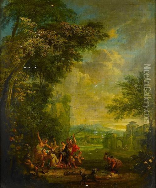 Orpheus Attacked By The Maenads; And Eurydicekilled By A Snake Oil Painting - Pieter Andreas Rysbrack
