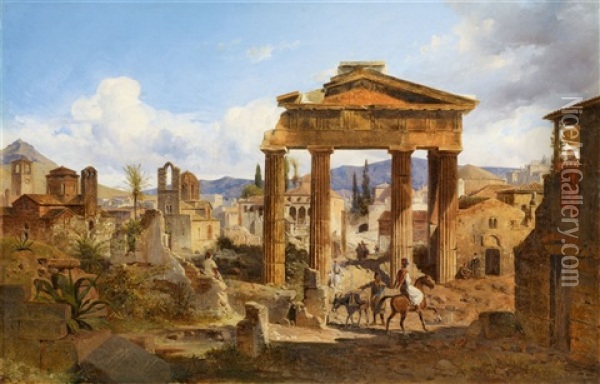Das Tor Der Athena Archegetis In Athen Und Die Romische Agora Von Westen Oil Painting - Ludwig Lange