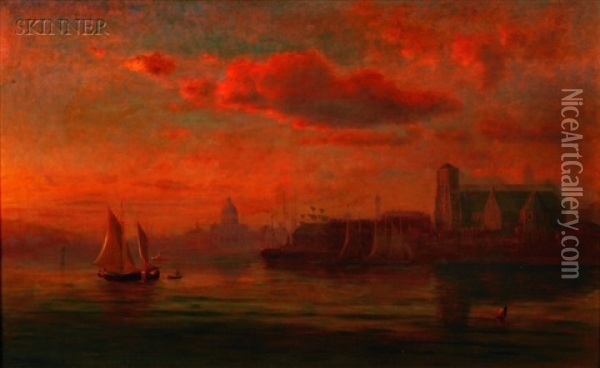 Harbor Twilight (the Cathedral Of The Holy Cross?) Oil Painting - Sylvester Phelps Hodgdon