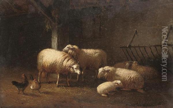 Sheep And Chicken In A Barn Oil Painting - Eugene Joseph Verboeckhoven