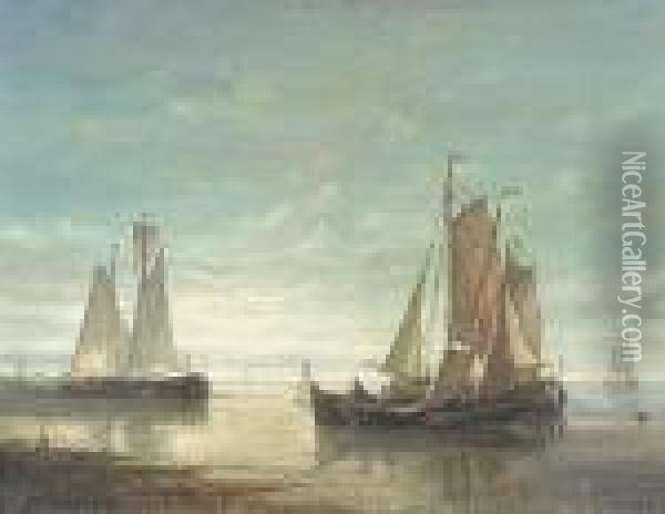 Fishing Boats In An Estuary Oil Painting - Abraham Hulk Jun.