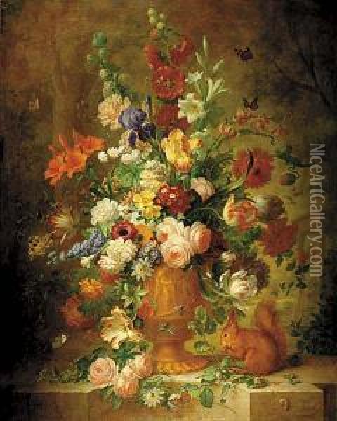 Spring Flowers In Urn With Squirrel And Snail Oil Painting - J. Van Pielier