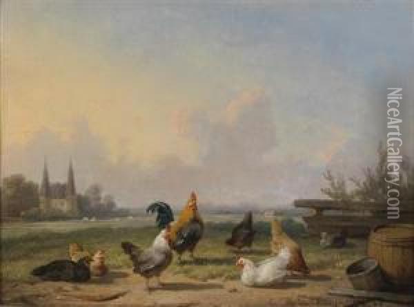 Chickens In An Open Landscape Oil Painting - Cornelis van Leemputten