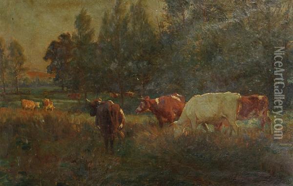 Cattle Grazing In A Meadow Oil Painting - William Frank Calderon