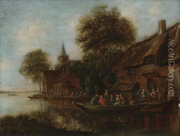 Village By A River With Figures In Boats Oil Painting - Thomas Heeremans