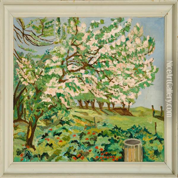 Scenery With Tree In Bloom Oil Painting - Ville Jais-Nielsen