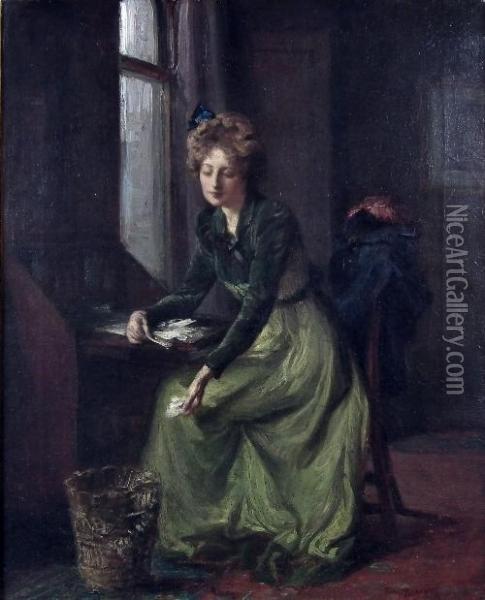 Girl In Green Dress Sitting At A Bureau Oil Painting - Talbot Hughes