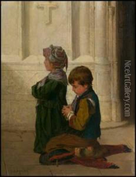 Children Praying Oil Painting - Antoine Edouard Joseph Moulinet
