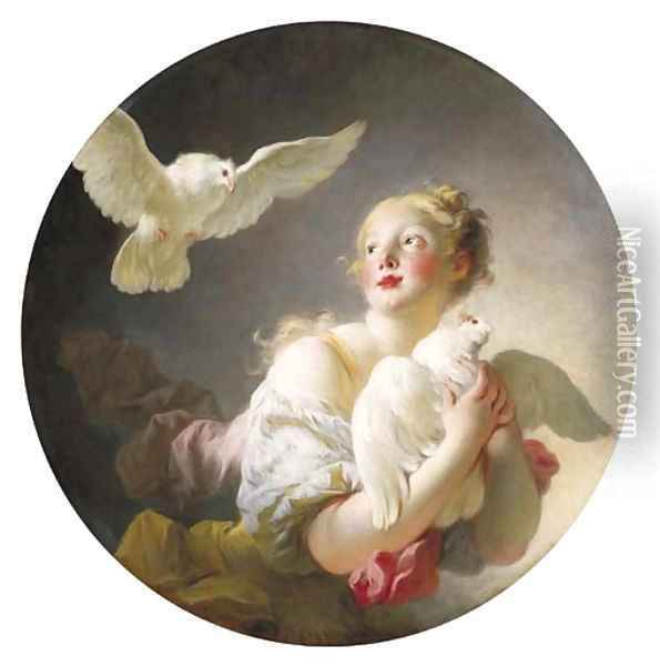 Girl holding a dove (said to be a Portrait of Marie-Catherine Colombe) Oil Painting - Jean-Honore Fragonard