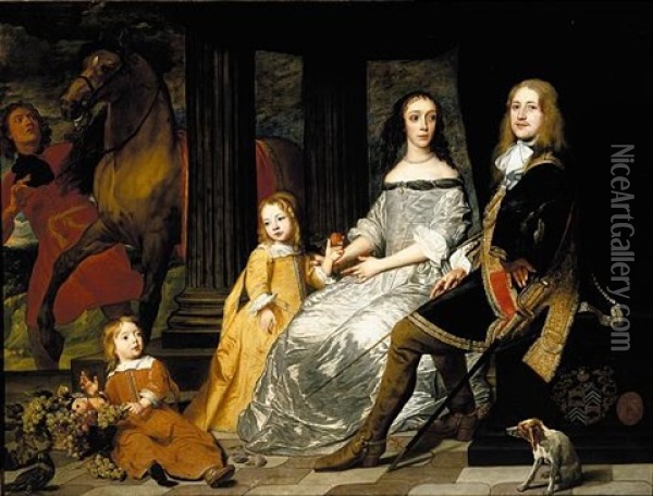 Portrait Of Philips Van De Werve And His Wife Isabelle, Seated With Their Children, Attended By A Groom With A Horse Oil Painting - Pieter Thys