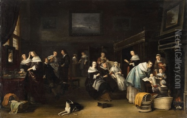 A Dutch Interior With Groups Of Figures Oil Painting - Anthonie Palamedesz