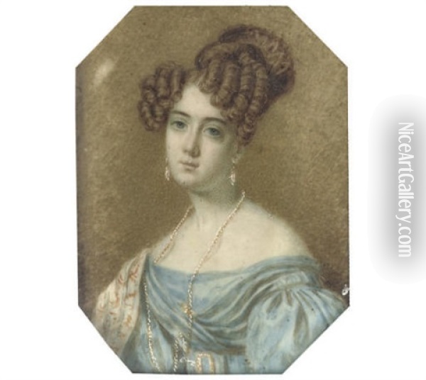Charlotte Trotter, In Off-the-shoulder Blue Dress, A Patterned Stole Over Her Shoulder Oil Painting - William John Thomson