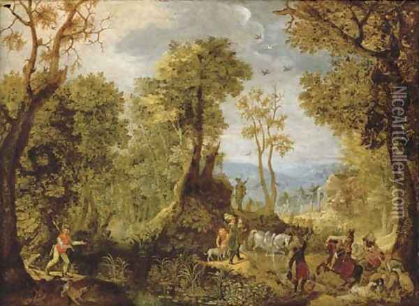 Hunters in a wooded landscape with a village and an extensive landscape beyond Oil Painting - Anthonie Mirou