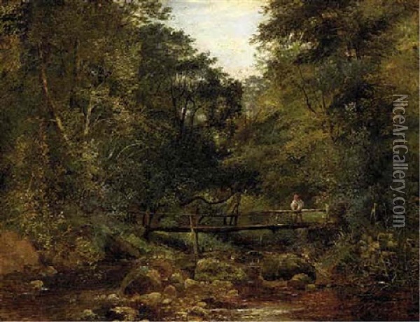 An Angler On A Footbridge In A Wooded Landscape Oil Painting - Thomas Creswick