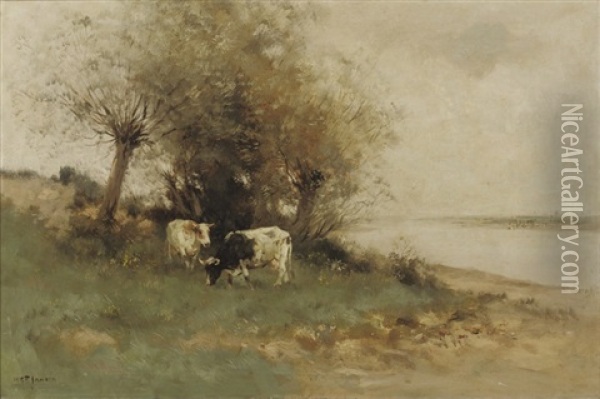 Cattle Grazing Near The River Oil Painting - Willem George Frederik Jansen
