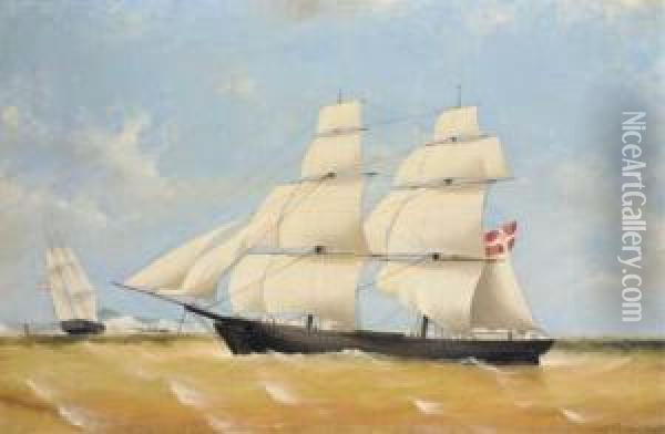 A Danish Brig In Two Positions Off Dover With The Channel Packetgoing In Oil Painting - Frederick Tudgay