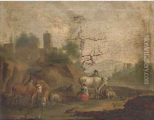 A landscape with a milkmaid, cattle and other figures by a river Oil Painting - Nicolaes Berchem