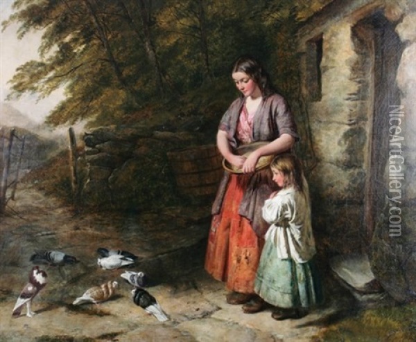 Feeding Pigeons Oil Painting - Edward John Cobbett