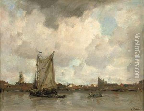 Havengezicht: A River Landscape, A Town Beyond Oil Painting - Jacob Henricus Maris