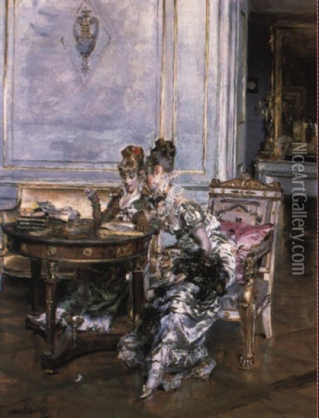 Elegant Ladies In An Interior Oil Painting - Giovanni Boldini