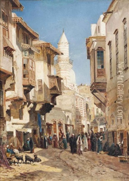 A Bustling Street Before The Mosque Of Emir Mindar, Cairo Oil Painting - John Varley the Younger
