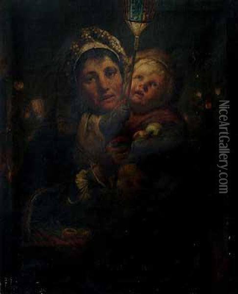 Mutter Mit Kind Beim Lichterfest Oil Painting - Adolf Friedrich Hornemann