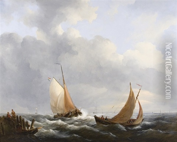 Sailing Ships At The Dutch Coast Oil Painting - George Willem Opdenhoff