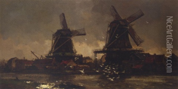 Windmills By A Riverside Oil Painting - Frans Langeveld