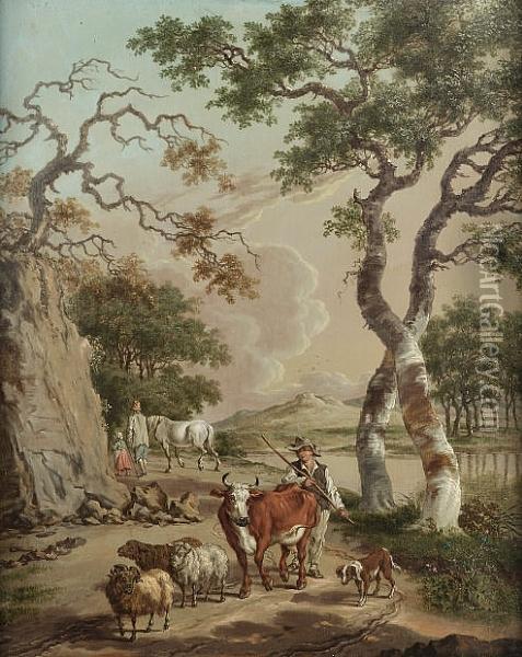 A Shepherd And His Flock On A Country Path With A Couple In A Wagon Approaching; And A Drover With A Bull, Sheep And A Ram On A Country Path Oil Painting - Pieter Bartholomeusz. Barbiers IV