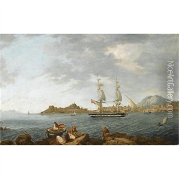 A British East Indiaman And Other Ships Entering Corfu Harbour Oil Painting - Anton Schranz