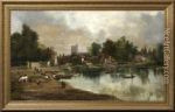 Extensive View Of A Riverside Village With Boats Oil Painting - Arthur Joseph Meadows