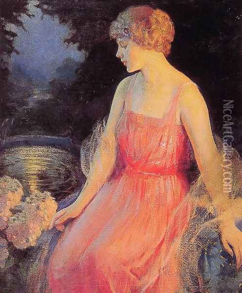 Woman with Hydrangeas Oil Painting - Frank H. Desch
