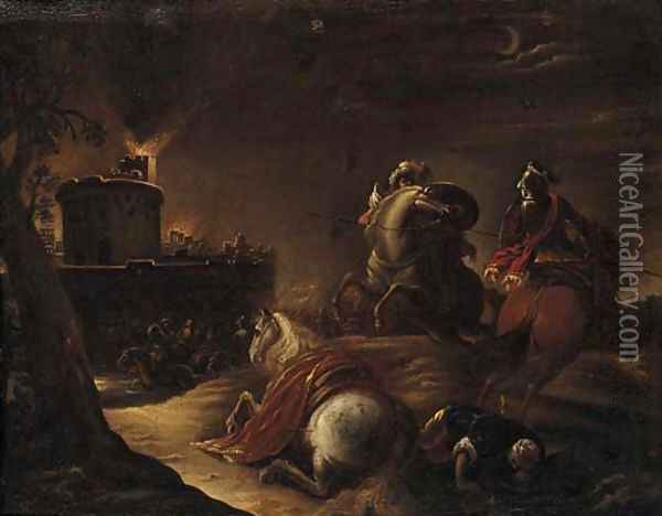 Christians and Turks before a beseiged castle Oil Painting - Antonio Calza