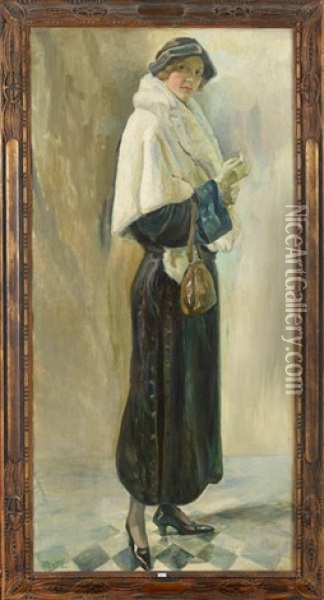 Portrait D'une Elegante En Pied Oil Painting - Emile Motte