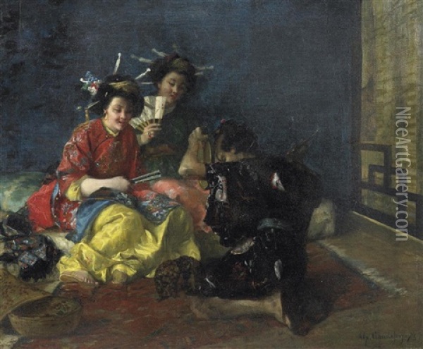 Zwei Japanische Frauen Im Kimono Lauschen Einem Musiker Oil Painting - Alphonse Gaudefroy