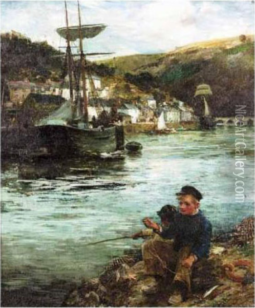 Boys Fishing In Looe Harbour Oil Painting - John Robertson Reid